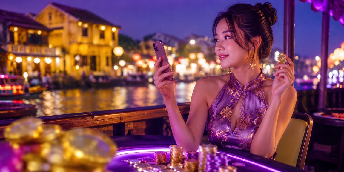 Trò chơi bài dưới ánh đèn neon tại Hội An về đêm